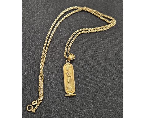 18 CARAT GOLD EGYPTIAN CARTOUCHE STYLE PENDANT ON 14 CARAT GOLD CHAIN, WEIGHT APPROX 10 8 GRAMS   Condition