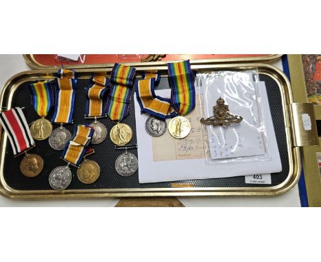 3, WW1 DUO SETS AWARDED TO PTE A MACDONALD CAMERONS, PTE W  PEARCE S STAFF R, GNR F TAYLOR R A , ARTILLERY REGIMENT HAT BADGE