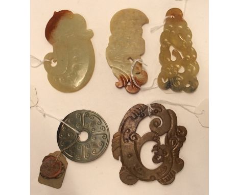 Five Chinese hardstone carvings, one with paper tag and wax seal, largest 10cm long (5) Condition Report: There are some flea