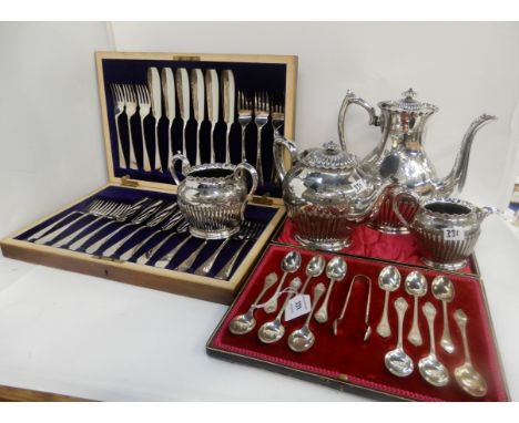 A tray lot of EP - four piece tea service, fish cutlery sets and a cased set of twelve teaspoons and tongs Condition Report: 