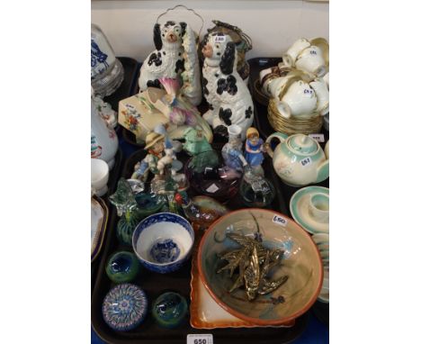 Assorted Mdina paperweights, three brass flying swallows, Hummel figure, Clarice Cliff moulded wall pocket, pair of wally dug