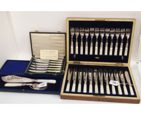 A lot comprising a cased twenty four piece EP and mother of pearl fish cutlery set, a cased set of six fruit knives and a cas