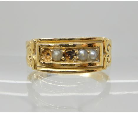 An 18ct gold pearl set ring (af) dated Birmingham 1880, size Q, weight 4.8gms Condition Report: Two pearls missing mount ok. 