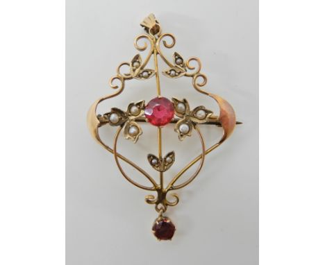 A 9ct gold faux ruby and pearl Edwardian pendant brooch, length 5cm, weight 2.9gms Condition Report: Available upon request