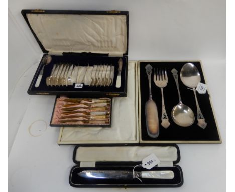 A lot comprising a cased set of six EP and mother of pearl fruit knives, a cased set of twelve EP teaspoons and tongs, a case