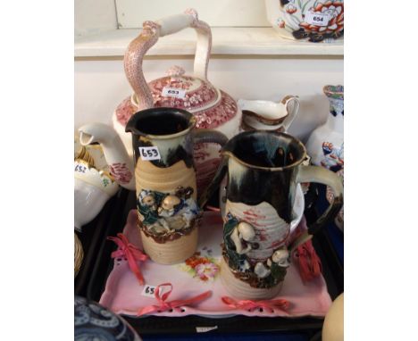 An oversized Spode Tower pattern pink and white transfer printed teapot, a pair of sumida gawa jugs, ribbon plates etc Condit