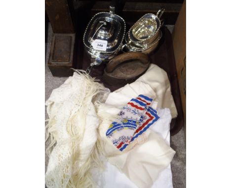 A lot comprising a three piece EP tea service and a quantity of linen Condition Report: Available upon request