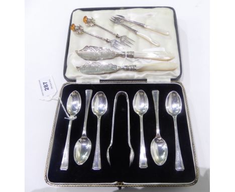 A lot comprising a cased set of six silver teaspoons with tongs, Sheffield 1941, 115gms with a pair of silver and mother of p