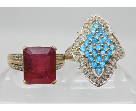 A 9ct ruby and diamond ring, ruby approx 11.8mm x 10.1mm x 7.1mm, finger size N together with a blue gem and diamond dress ri