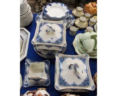 A Soho Pottery Ltd Solian Ware 'Opal' pattern dinnerset comprising; sauce boat and stand, two vegetable tureens, five 24cm di