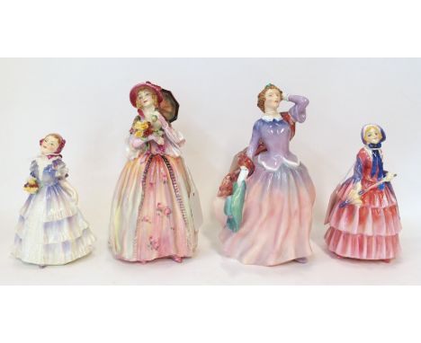 Four Royal Doulton figures including Biddy, Ruby, June (cracked) and Blithe Morning Condition Report: Some crazing. 
