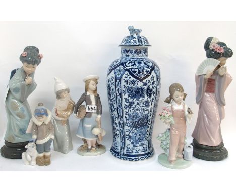 A Delft jar and cover (AF) and a collection of Lladro including two Geishas, three figures of girls, an Eskimo girl and Polar