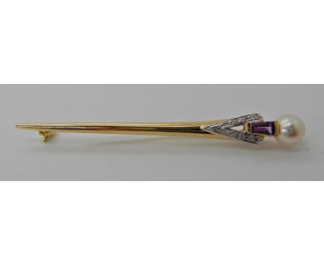 An 18ct gold diamond, pearl and amethyst brooch, length 6.3cm, weight 4.3gms Condition Report: Available upon request