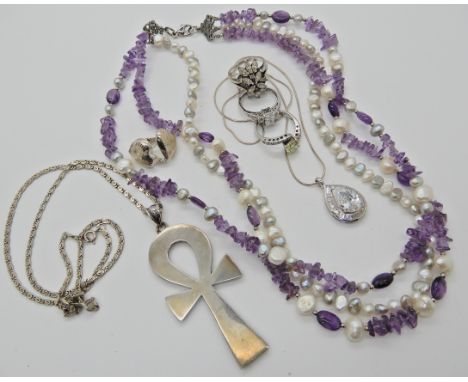 A large white metal Ankh pendant and chain, pearl and amethyst necklace and other items Condition Report: Available upon requ