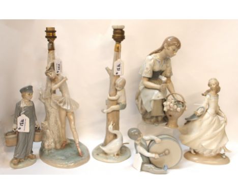 A Lladro figure of girl kneeling with a basket of flowers, 26cm high, a Lladro table lamp with a ballerina, 38cm high overall