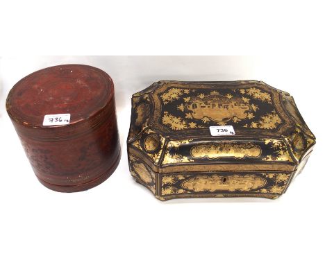 A Chinese Export lacquered box, the interior with lift out shelf, 32cm wide and a Burmese cylindrical lacquered box, 16cm hig