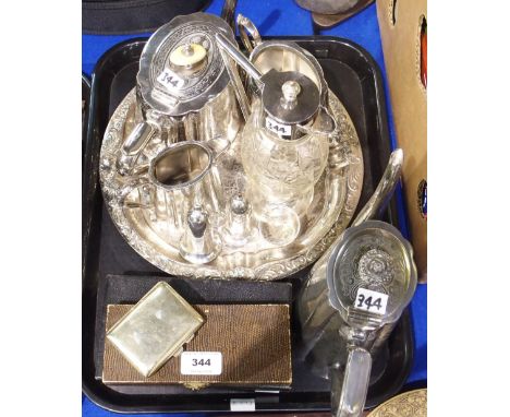 A tray lot of EP - tea service, claret jug, salver etc Condition Report: Available upon request