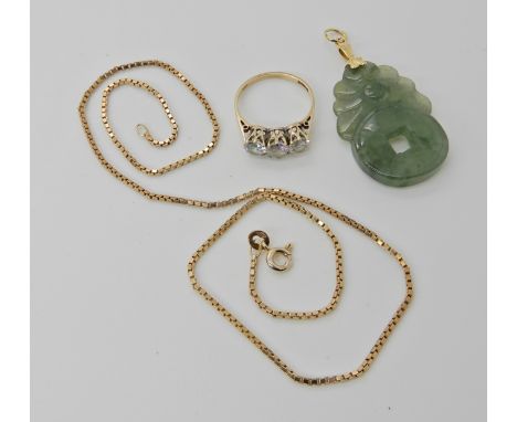 A 9ct gold box chain length 40cm, a 9ct three clear gem ring size N, weight of these two items 5.8gms and a Chinese green har