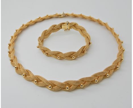 An Italian made 18ct woven gold necklace and bracelet set with ball detail, length of bracelet 19cm, length of necklace 44cm,