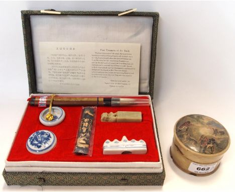 A Chinese box containing four treasures of the study, a scroll painted with a vase containing maple branch and chrysanthemums