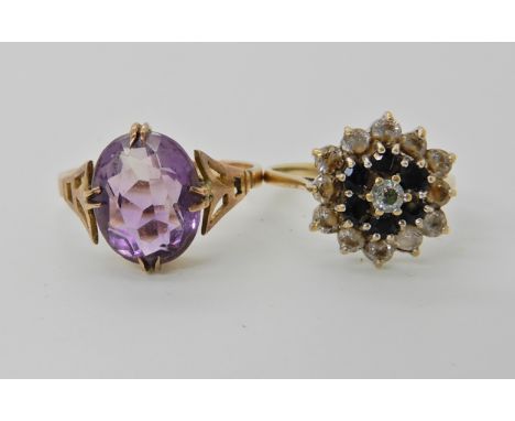 A 9ct gold sapphire and clear gem cluster ring, size O, together with a rose coloured metal amethyst set ring size S, weight 