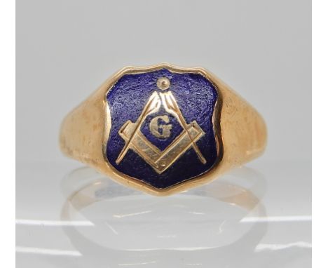 A 9ct rose gold and enamel Masonic signet ring, size V1/2, weight 5.2gms Condition Report: Enamel worn and abraided. 