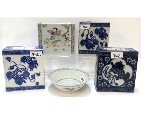 A Chinese porcelain flower brick, painted with figures in a garden scene, 12.8cm high, three blue and white printed flower br