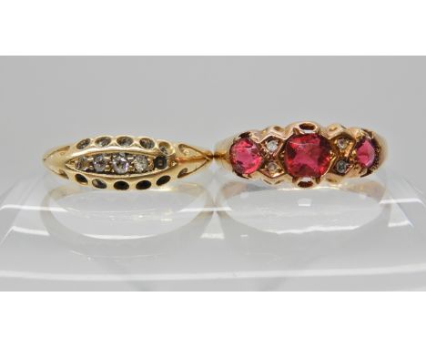 An 18ct gold five stone diamond ring (one diamond missing) dated 1905, finger size Q and an 18ct red glass and diamond chip r