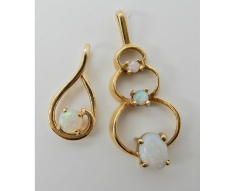 An 18ct gold three opal pendant length 3.2cm, weight 2.7gms and a smaller example in 14ct gold set with one opal length 1.9cm