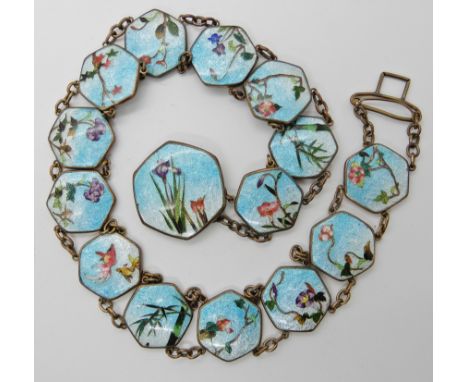 An Oriental copper and cloisonne enamel belt, enamelled with fish, flowers and plants, length 62cm Condition Report: Any defe
