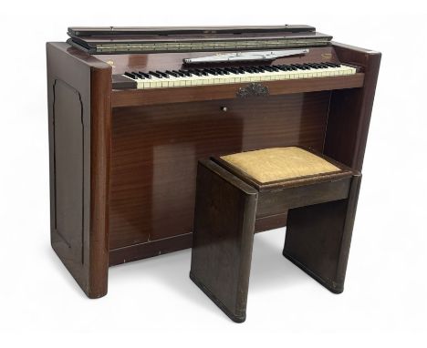 Evestaff - Minipiano early 20th century mahogany cased upright piano, with stool, compact upright form with streamlined mahog