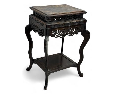 Chinese stained wood plant stand, the rectangular incised top with bird, and cheery blossoms, carved frieze above foliate and
