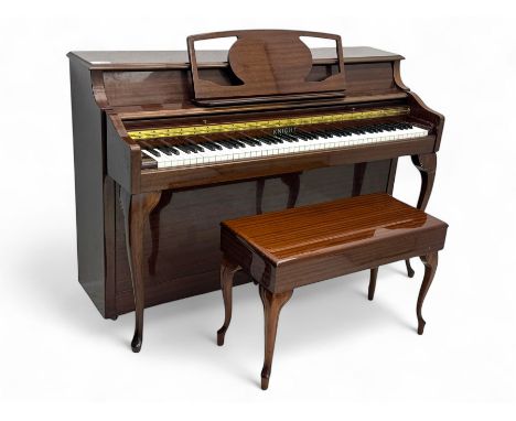 Knight - upright piano in mahogany gloss lacquered case, with stool,  rectangular slide back fall front enclosing full keyboa