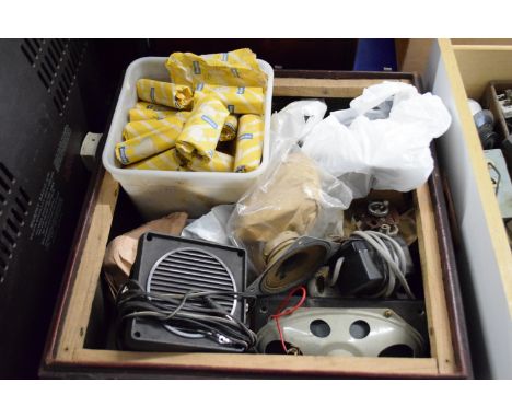 BOX CONTAINING VINTAGE RADIO EQUIPMENT, MICROPHONES, VALVES ETC