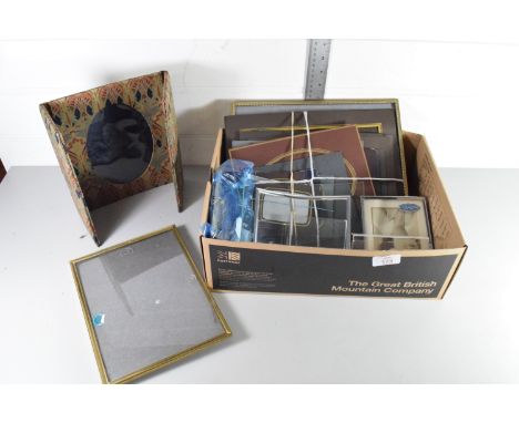 BOX CONTAINING PHOTOGRAPH FRAMES AND A CLOTH FRAME BY LIBERTY WITH ART NOUVEAU DESIGN, THE BACK STAMPED "LIBERTY" IN GOLD LET