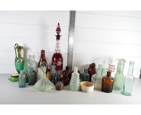 TRAY CONTAINING GLASS WARES INCLUDING RUBY GLASS DECANTER AND STOPPER AND SOME SMALL CERAMIC BOTTLES