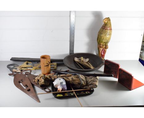 TRAY CONTAINING WOODEN MODELS OF BIRDS AND PUPPET
