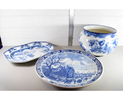 CONTINENTAL POTTERY DISH WITH CASTLE SCENE TOGETHER WITH A 19TH CENTURY BISTO BLUE AND WHITE JARDINIERE AND A SPODE PLATTER