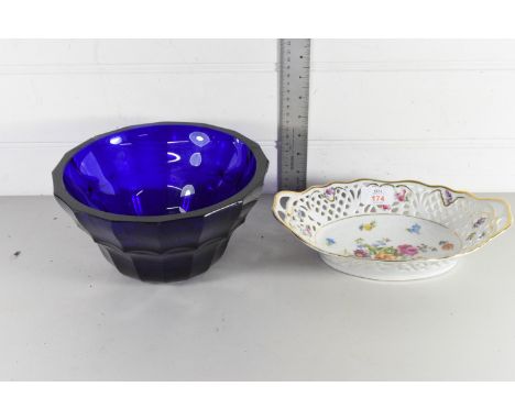 LARGE BLUE GROUND ART GLASS BOWL TOGETHER WITH A CONTINENTAL PORCELAIN BOWL DECORATED WITH FLOWERS