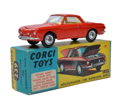 Corgi No. 239 Volkswagen 1500 Karmann Ghia. Red with Lemon interior. Spun Hubs. Generally excellent with very minor signs of 