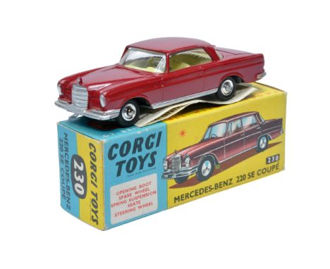 Corgi No. 230 Mercedes 220SE Coupe. Burgundy / maroon with lemon interior. Spun Hubs. Generally Excellent (a couple of tiny t