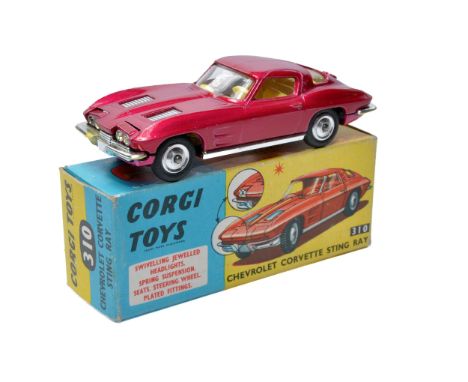 Corgi No. 310 Chevrolet Corvette Sting Ray. Cerise Pink with Lemon interior. Spun Hubs. Generally very good to excellent, som