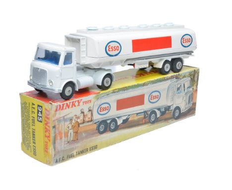 Dinky No. 945 AEC Esso Fuel Tanker. Blue interior. Displays very good, the odd mark and notable decal wear to one esso one si