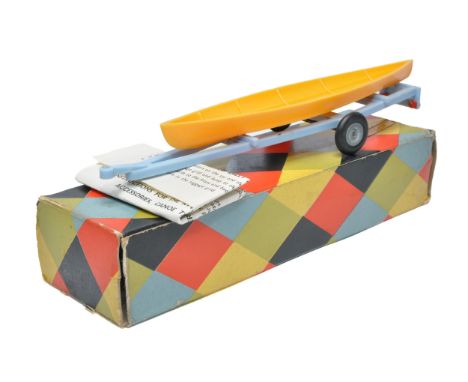 Triang Minic 1/20 plastic Canoe and Trailer. Blue / Yellow. Displays very good with no obvious sign of damge in fair to good 