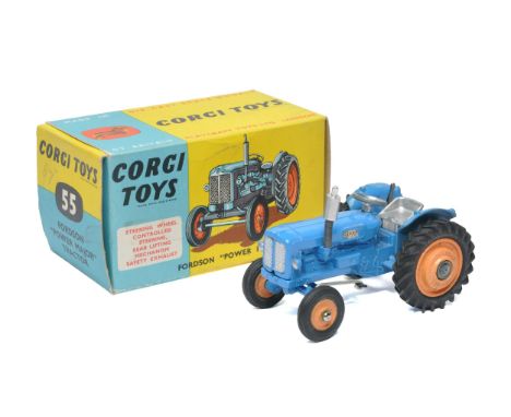 Corgi No. 55 Fordson Power Major Tractor. Blue, orange metal hubs. Displays good to very good, a few noticeable marks. In ver