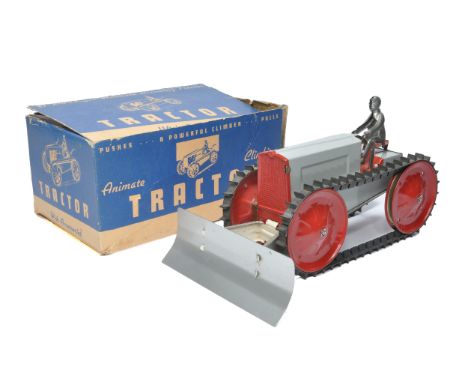 Animate (USA) Tinplate Crawler Tractor with driver and front mounted blade. Displays very good with fair original box. Box sp