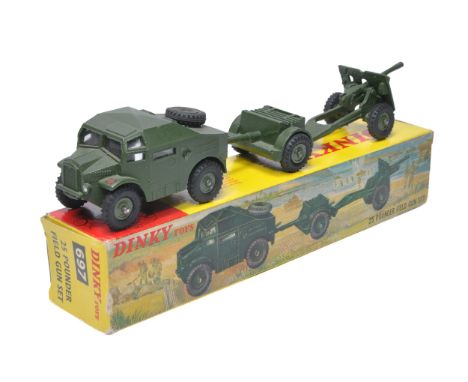 Dinky No. 697 25 Pounder Field Gun Set featuring later issue Artillery tractor with windows. Displays very good to excellent 