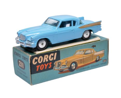 Corgi No. 211 Studebaker Golden Hawk. Blue / gold flash. Flat spun hubs. Generally displays excellent, albeit one tiny touch 