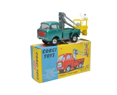 Corgi No. 478 Forward Control Jeep with Hydraulic Tower (inc figure). Metallic green with lemon interior. Spun hubs. Generall