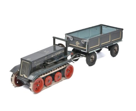 CKO German Mechanical Tinplate Crawler Tractor and Trailer. In working order. Displays very good with minor wear. 